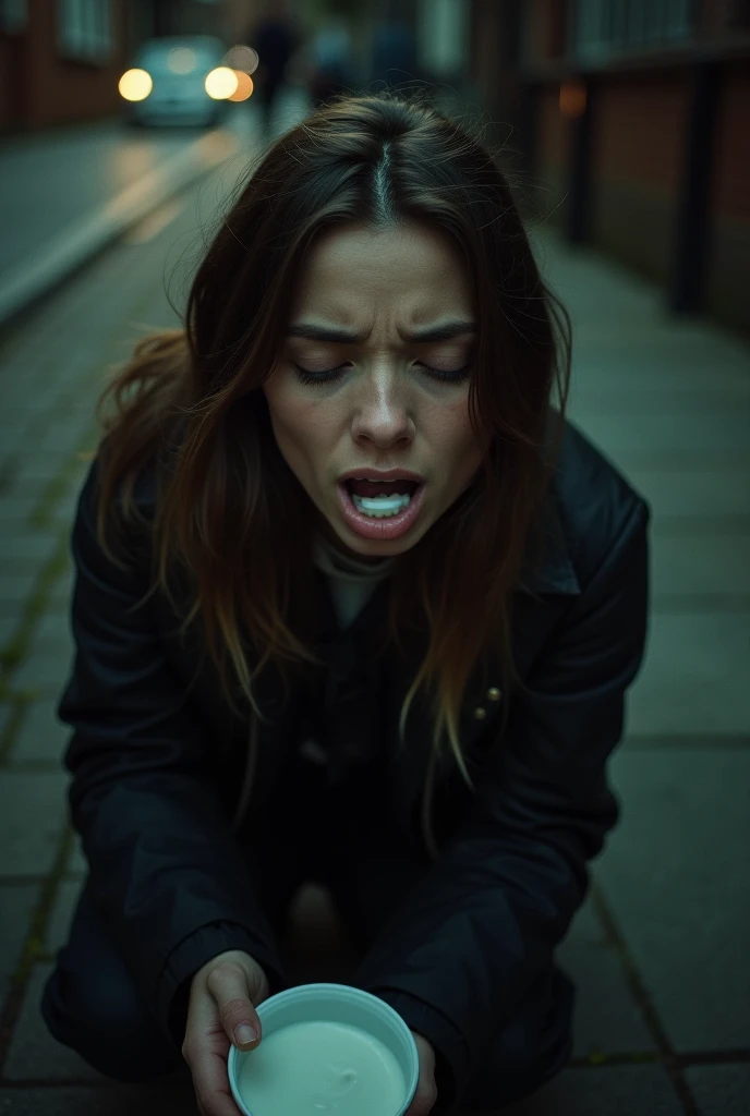 Photo from above the photographer’s own knees. Close up of a hot homeless woman’s scared face. She is on her knees in plumstead corner, south east london late at night. She looks very scared of viewer. She has milk in her open mouth. Her eyes are closed. H...