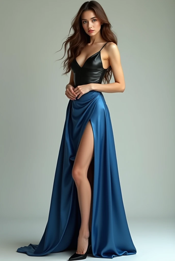 Brown hair sexy teen in long blue satin skirt and leather top and high heels