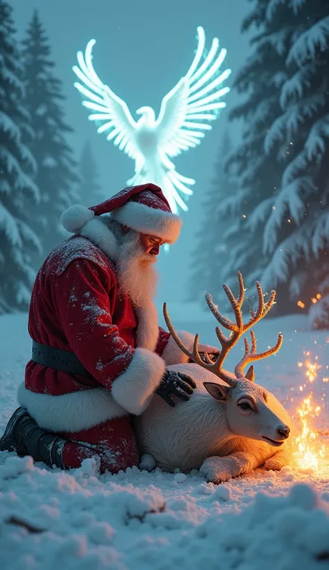 Create a hyper-realistic, cinematic winter spectacle teeming with emotion and chaos, where Santa Claus kneels in a whirlwind of frostbitten snow and glowing embers, his face a storm of sorrow, rage, and unyielding determination. Santa’s iconic red suit is ...