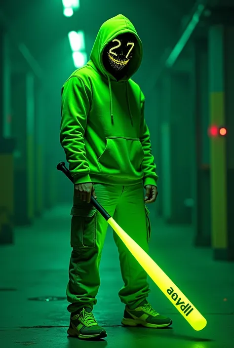 A hooded criminal man, his hoodie is completely neon green. He wears a hacker mask with random neon paint splotches, and the mask has the number “27” written in the middle. He has neon green cargo pants and sneakers. He was holding a green baseball bat glo...