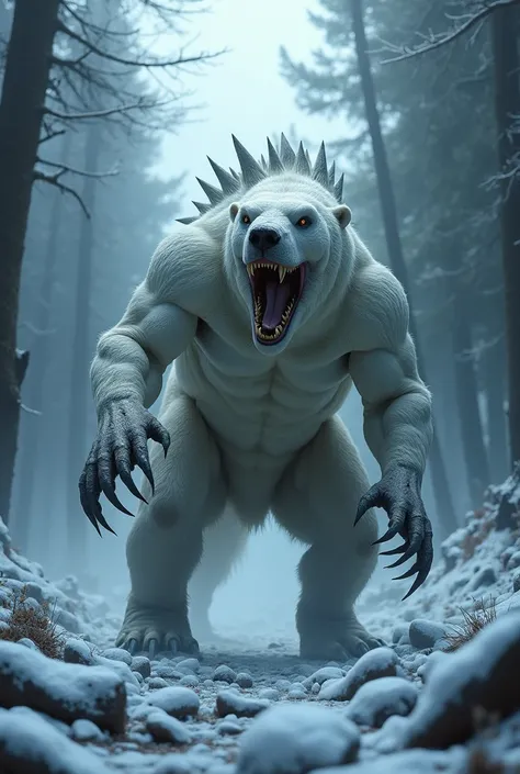 "Create a highly detailed 4K image of a muscular, monstrous hybrid creature, a unique fusion between a polar bear and a velociraptor, emerging from a dark, icy forest environment. The creature features the robust body of a velociraptor and the furry body o...