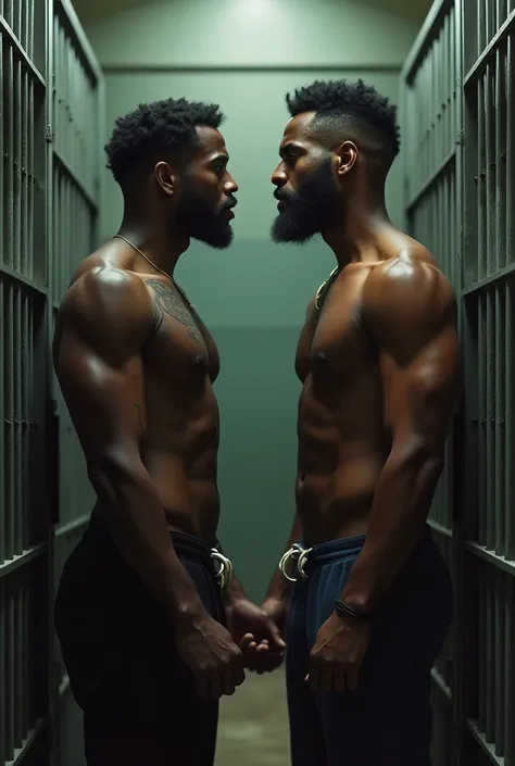  I want you to create an image with two men in prison, Theyre black and theyre naked,  Looking at each other  