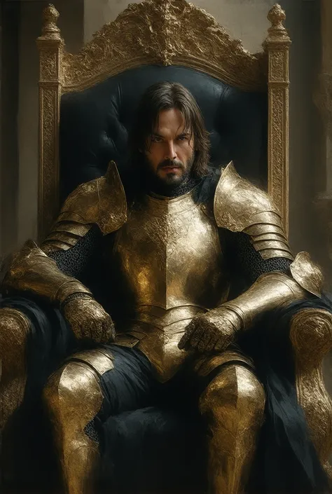 John Wick in golden armor holding a sword seated on a throne inside a medieval castle in Scotland 