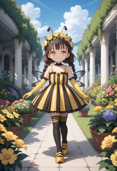 (masterpiece), best quality, expressive eyes, perfect face,anime loli girl,walking, (brown long braid hair), ( headdrees with antennas),( yellow and  black striped  dress decorated with fur:1.4),(yellow striped black elbow glove:1.4),(bee wings),  ( yellow...