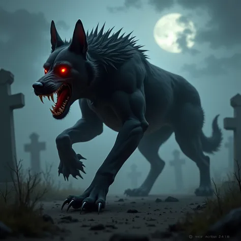 @--image "A large, muscular black dog with glowing red eyes and a fierce expression. The body features detailed muscle texture and protruding bone spines. Huge paws with claws. The scene is set in an eerie and terrifying cemetery, shrouded in thick fog, wi...