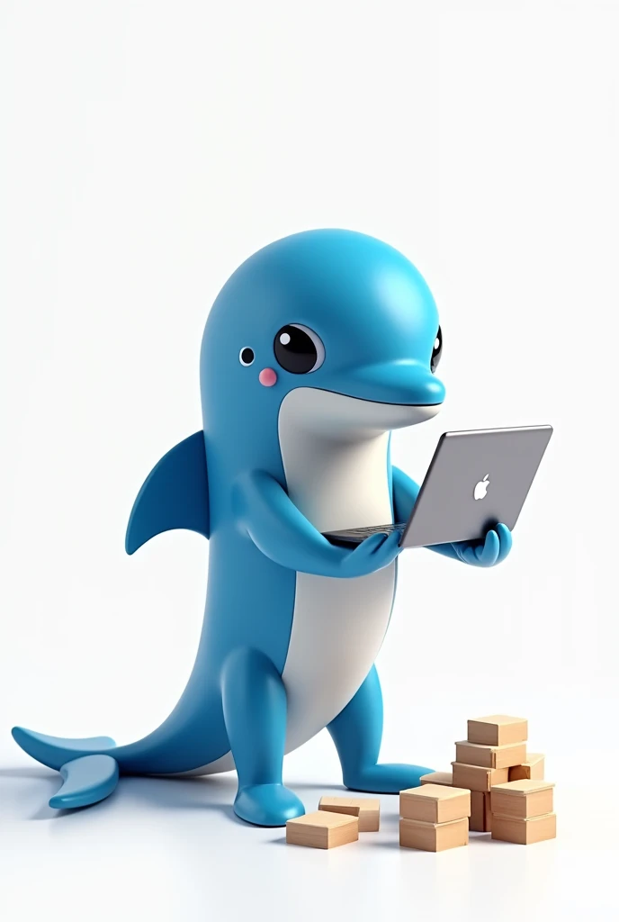 A dolphin with a bright blue color
Big, black, kind eyes
Building a building with a laptop in one hand
With a completely white background image with no shadows