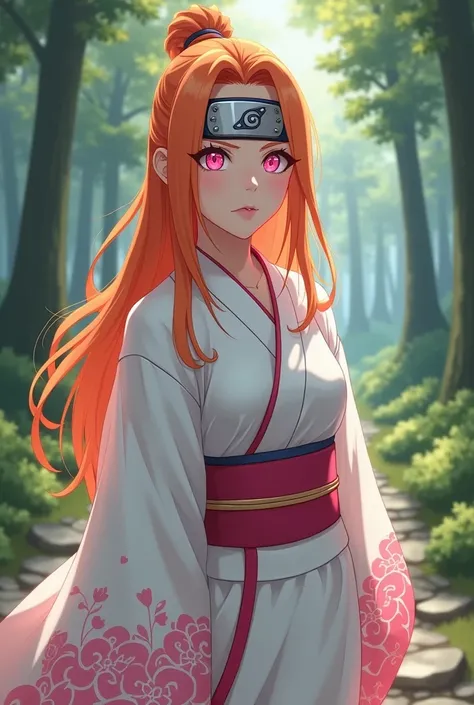 Naruto world,Petite woman, Orange hair , pink eyes, White Yukata with pink details,Collar, Forehead Hitai-ate.