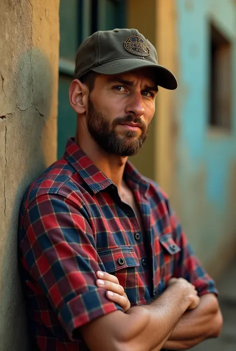  Create an ultra realistic and detailed image of Lionel Messi caipira, He wears a plaid shirt a Nellore cap ,  he is propped against the wall rising a straw cigarette  