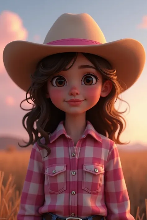  The prompts to generate an image like this could include a detailed description of the desired characteristics. For example:

Suggested prompt : " Portrait of a young girl in an outdoor setting at dusk ,  wearing a pink plaid shirt and a beige cowboy hat ...