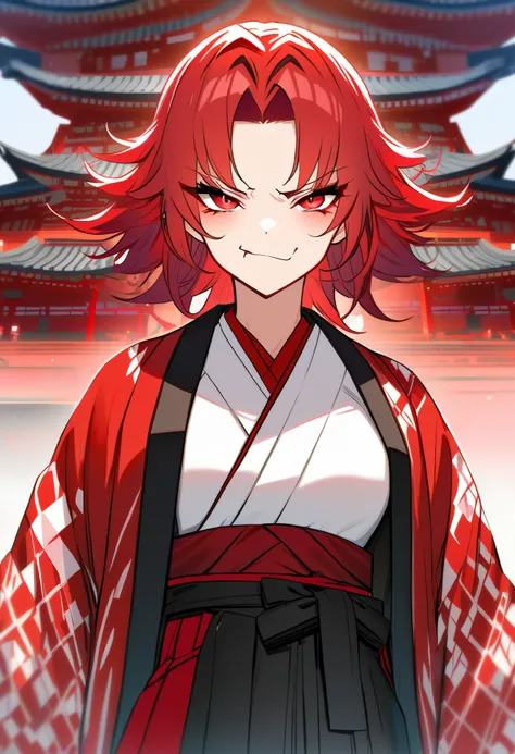 Female, red hair, red eyes, resting bitch face, red white and black haori and kimono, hakama, solo, good looking + temple background