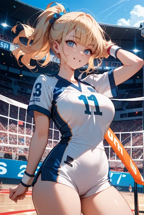 high (1.80 meters) strong and reflective,  with blond hair and blue eyes ,  big-breasted , wearing a volleyball uniform 