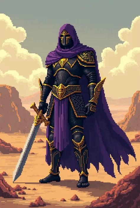  pixelart golen in black armor , barefoot , purple robe , 90 % From the body of armor  ,  triangular longsword  ,  in the hot dry desert  