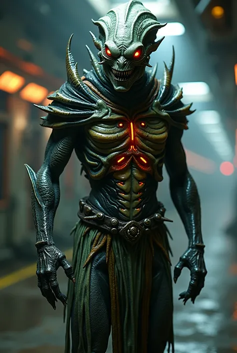 "A terrifying, full-body alien standing in a side-facing pose, fully visible from head to toe. The alien wears an unsettling, bio-organic outfit that appears fused with its body, made of materials resembling slimy membranes, reptilian skin, and glowing vei...