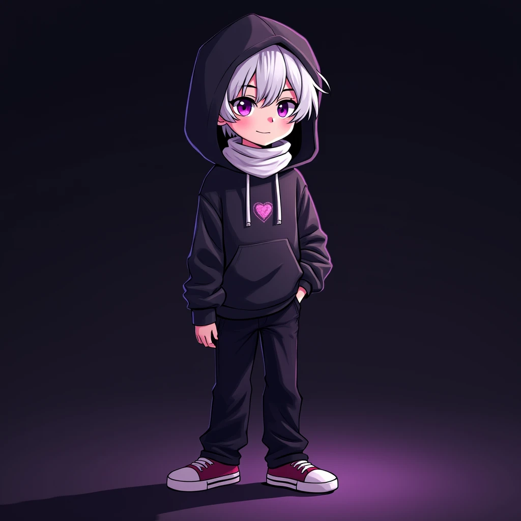 A humanoid teenager half white half black , with one of his eyes purple and the other red and with a black and purple sweatshirt and black pants and with short hair and hes hooded on his head with a white scarf around his neck and hes standing on a black a...