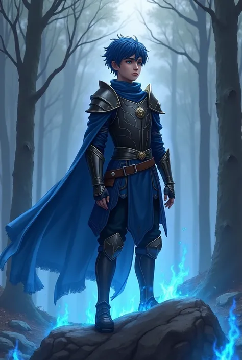 19-year-old boy ,  short blue-black hair , silver gray eyes,  slim build, kind and courageous look ,  dressed in black and blue armor,  standing on a rock with blue flames around in a forest, arte digital