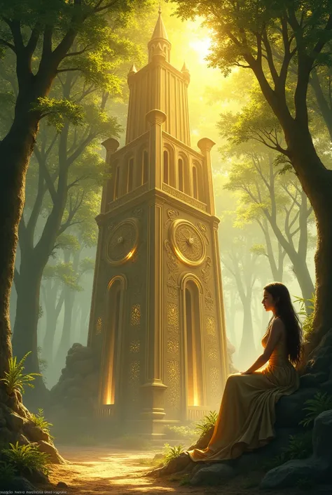 A glowing golden tower surrounded by tall, magical trees with sparkling leaves. Hiliya, a  with long, flowing dark hair, is sitting by a tower window, smiling with wonder.