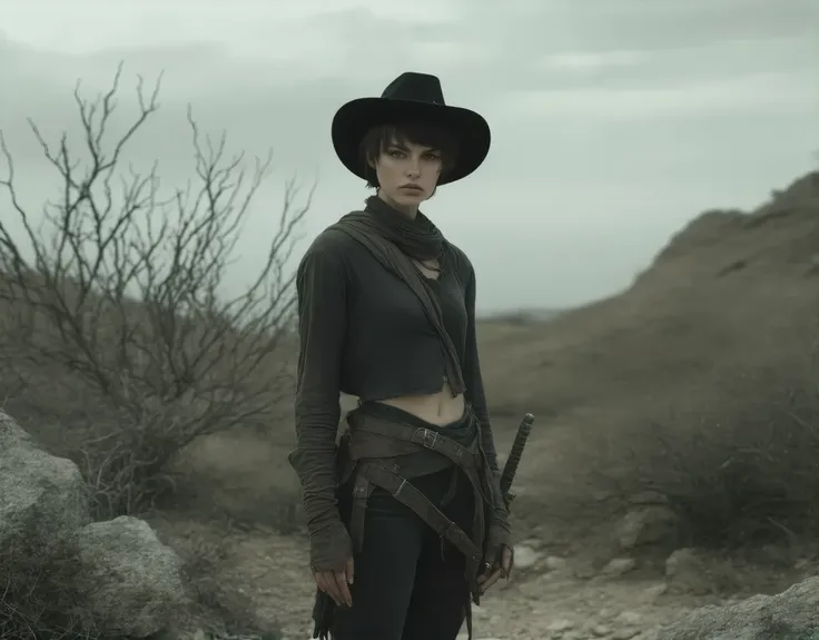 Ultra-realistic black and white photo of an enigmatic young female bandit with delicate yet masculine features, short hair hidden under a leather hat. The character wears bandit garb: a rawhide jerkin and knives at his waist, his small, slender build stand...