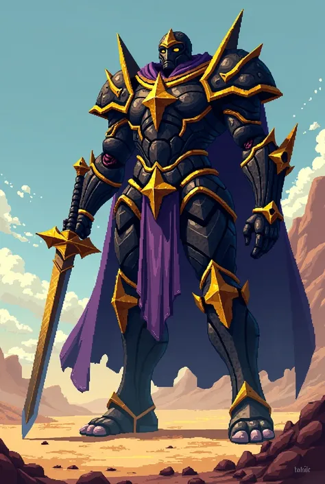 Pixelart Golen Giant Heavy Armor Giant Black Armor , barefoot , purple robe , 90 % From the body of armor  ,  triangular longsword  ,  in the hot dry desert 
