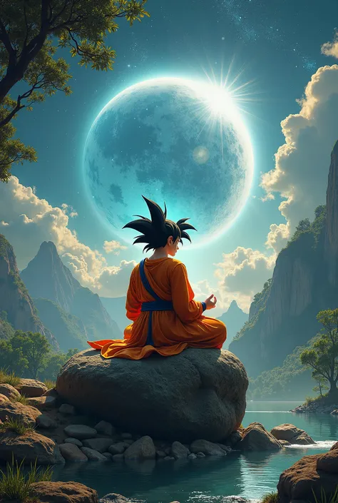 4k,Fusion goku et bouddha, méditant sur une grosse pierre, en arrière plan on voit la forêt et un petit cours deau, dans le ciel, on voit lespace, le personnage ressemble fort à son goku mais on reconnaît le bouddha, on perçoit un champ magnétique autour d...