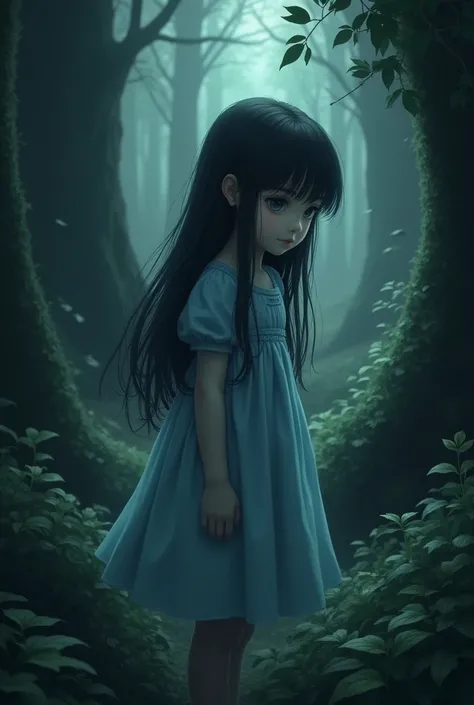 A small  girl with a somber look in a light blue dress with long black hair in a dark forest... 