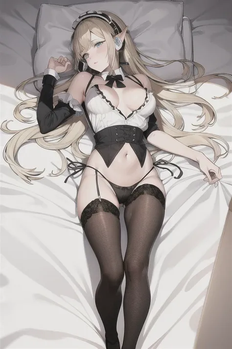 Move 、 Im wearing a hat and knife  .,  Im wearing headphones , (masterpiece,  best quality)  Detailed  , Silver accessory  , Blonde ,,  LAM, pointy ears  ，  ，  Wear a white shirt  ,belly button exposure, Full body , Deep V swimsuit panties  ,   black socks...