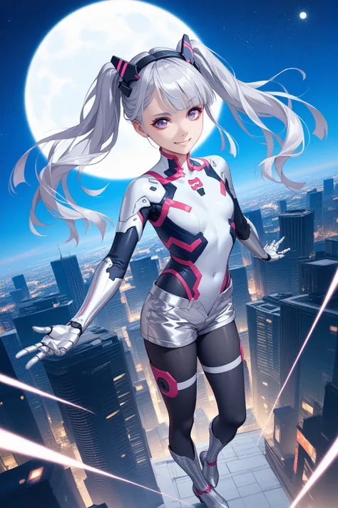  highest image quality taken by Ki、 masterpiece、  super high definition 、（Shooting Resolution ：1.4）、  super high definition シネマ、  angle seen from above 、  Cyberpunk Night City 、  girl、  Silver Hair Twin Tails、SILVER SHORTS 、whole body、smile、Character 1 per...