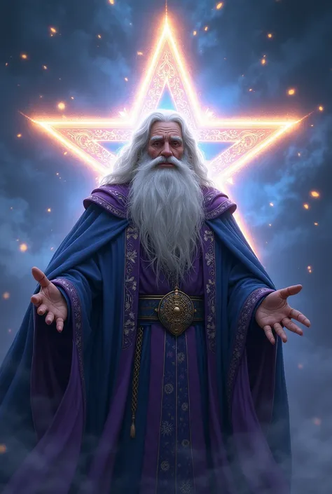 Create the image of an old wizard surrounded by a bright five-pointed star 