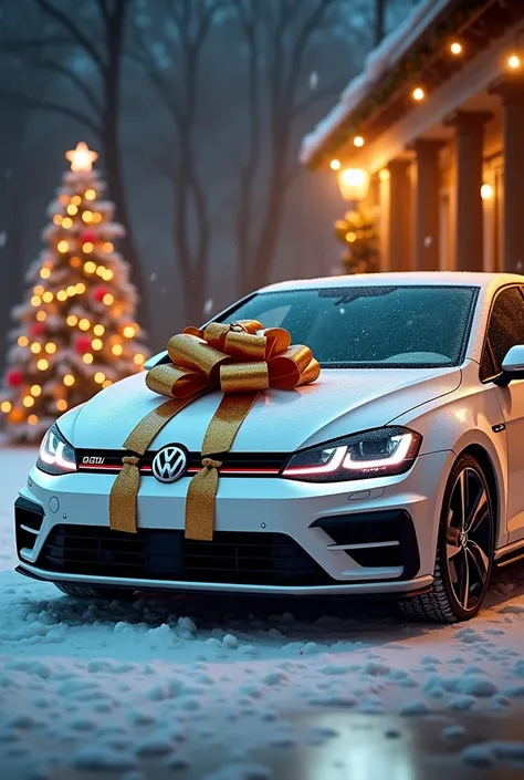 A cinematic, hyper-realistic Christmas scene showcasing a white Golf GTI elegantly wrapped as a luxurious gift, featuring a giant, shimmering golden ribbon and bow adorning the hood. Soft snowflakes fall against a warmly lit backdrop, with a glowing Christ...