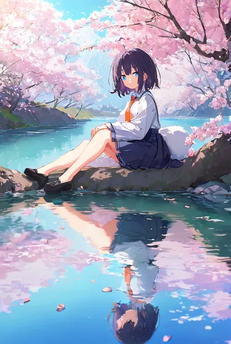 A serene anime artwork depicting a girl resting under a blooming cherry blossom tree. Her deep blue eyes glimmer with curiosity as petals gently float around her. She wears a traditional Japanese school uniform, the orange necktie adding a vivid contrast t...