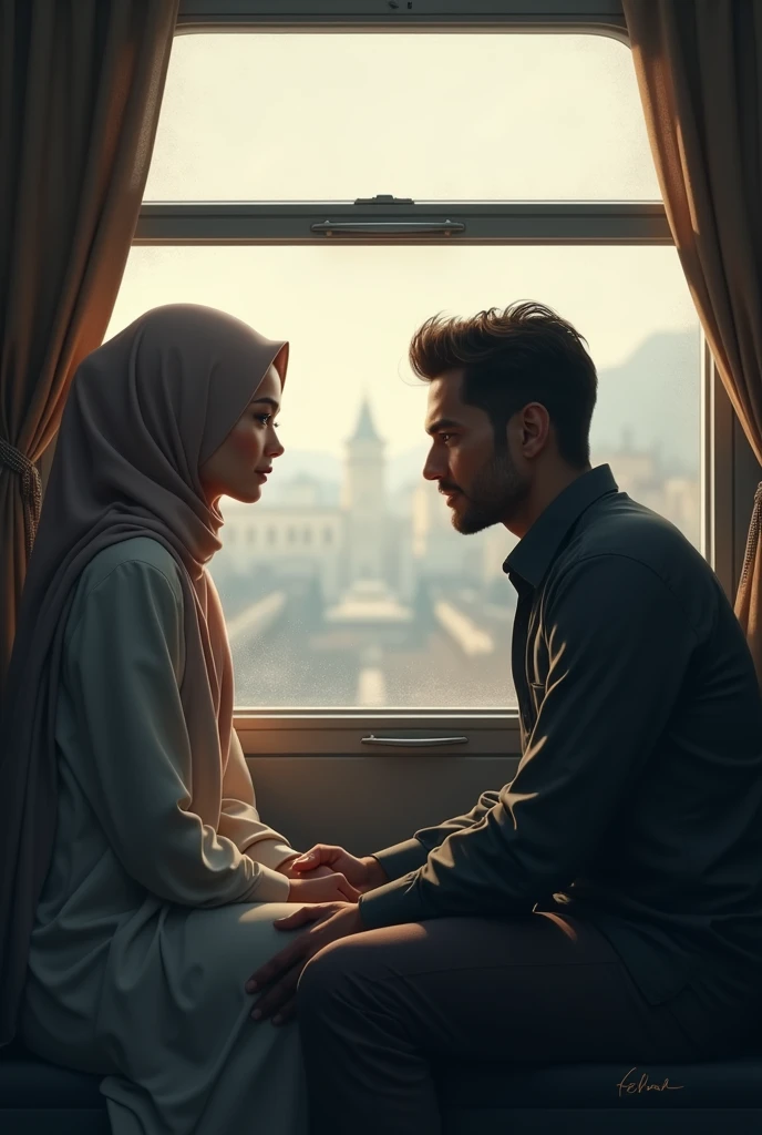 Beautiful hijab girl sit in the train and man site besides here and he look at her happy