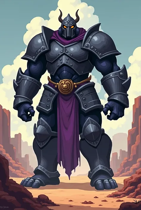  pixelart golen giant heavy armor giant black armor , barefoot , purple robe , 90 % From the body of armor  ,  ,  in the hot dry desert 
