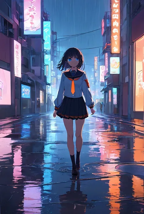 An anime-style illustration of a girl walking through a rain-soaked city street at twilight, her sailor uniform slightly damp and her orange necktie glowing softly under the streetlights. Her blue eyes, filled with quiet melancholy, catch the reflection of...