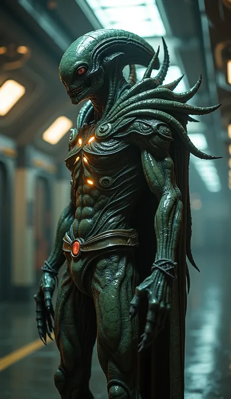 "A terrifying, full-body alien standing in a side-facing pose, fully visible from head to toe. The alien wears an unsettling, bio-organic outfit that appears fused with its body, made of materials resembling slimy membranes, reptilian skin, and glowing vei...