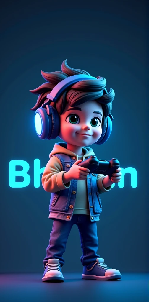 Create a 3D illusion for a gaming logo the boy with headphones holding a gaming remote and looking so cute, video game avatar features the name “ Bhaijan ” in a realistic font with blue colour and create realistic image