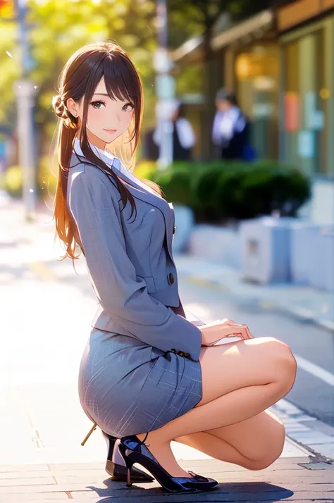 Arab Asian woman in a business suit kneeling on the sidewalk,  Girl in Suit , Elegant Japanese woman,  Girl in Suit ,  cute and elegant pose ,  Japanese Model, Tight business skirt、 attractive girls,  is wearing a business suit, beautiful  asian girl,  ele...