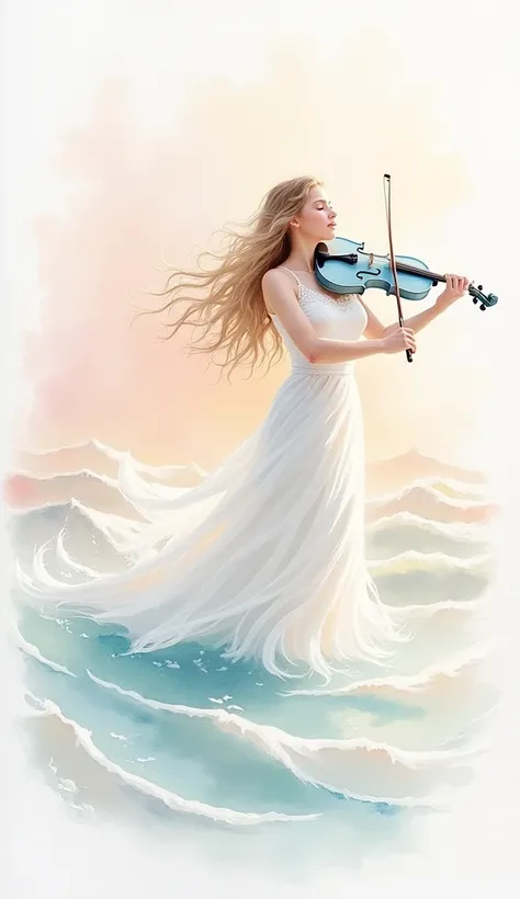 Water Color on paper
White, light pink and light Blue
They are like a beautiful lady, play light blue  violin
Back ground, pink, white, yellow, and blue wave.