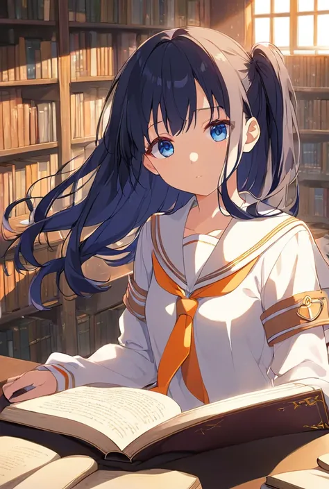 An anime illustration capturing a girl in a library bathed in golden morning light. She wears a neat sailor uniform with an orange necktie, her deep blue eyes focused on an open book. Shelves filled with ancient tomes stretch into the distance, and the war...