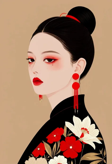  High contrast digital art depicting a person with complex dark hair styled in a large shape, Bun. This person is、The collar is high 、 Wearing a black dress with red floral accents on the shoulders 。. Exquisite , Long red earrings complement the outfit .  ...