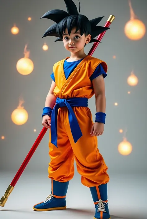 "A young male cosplayer dressed as  Goku from Dragon Ball Daima in a professional studio setting. He is wearing an orange martial arts gi with a blue undershirt, matching blue wristbands, and a blue sash tied around his waist. His outfit includes yellow pa...