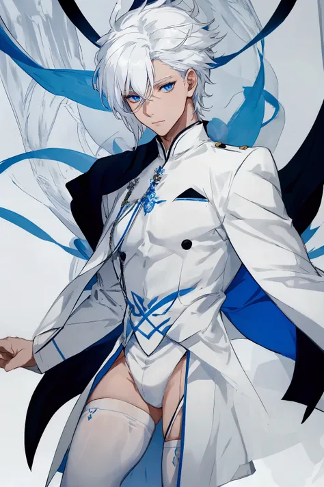 male, White hair, blue eyes, likes to wear white clothes over black body stockings.
