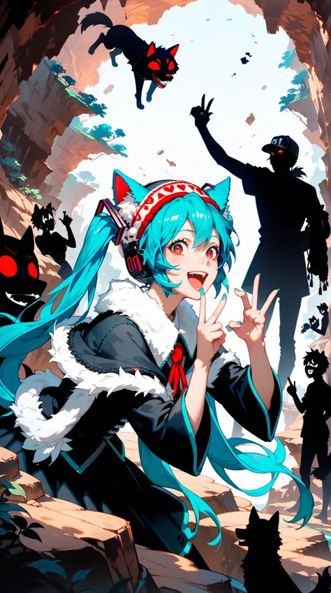  8k resolution，Wolf Girl，Hatsune Miku，Animal ears， open laugh ，Blue Hair， Prajna Mask， Fur Shawl ，Knitted hat，red pupils，Love Gesture ，bend over，Canyon ，Silhouette，Broken dreams