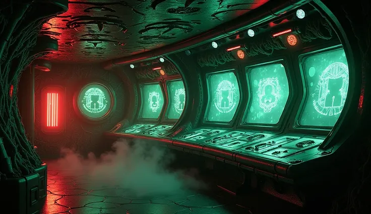 "An alien spaceship control room, dark and menacing, with a futuristic yet eerie design. The room is filled with glowing red and green lights, holographic panels displaying alien symbols, and bio-mechanical structures that seem alive. Metallic walls are co...