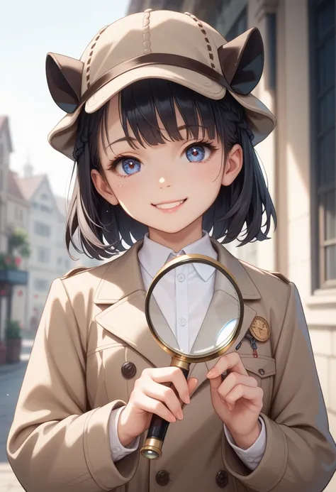 (masterpiece), best quality, expressive eyes, perfect face, ,A sophisticated and intelligent cute girl detective , confident smile. Her sleek black hair is neatly tied back, and she wears a classic trench coat. The background is urban nightscape, holding a...