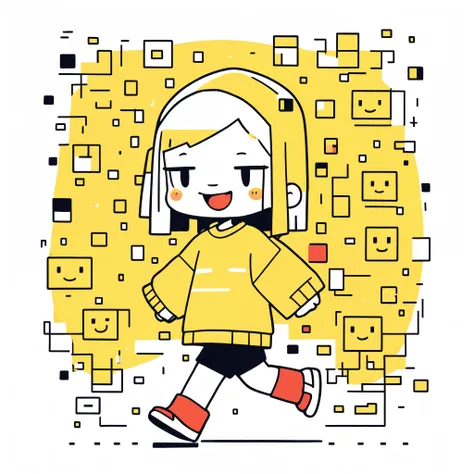 litle, one girl, solo, round eyes, yellow hair, bob cut and yellow eyes, hoodie, Walk , whole body, smile, happy,