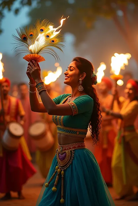 A Sri Lankan pretty female dancer performing a traditional Kavadi dance. She is dressed in colorful, festive attire with bright colors like blue and green. The Kavadi is adorned with peacock feathers, and the dancer is gracefully holding it while surrounde...