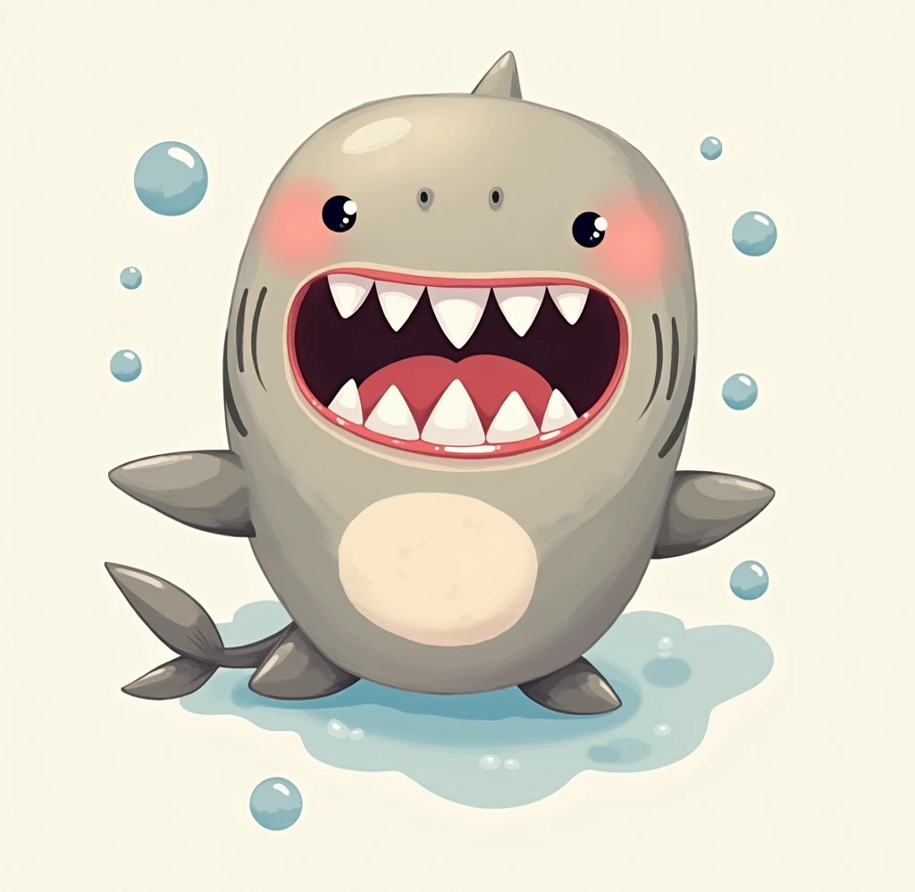 A cartoon shark, positioned slightly off-center towards the left of the image, is depicted against a light-blue background. The shark is light gray with hints of a blush-like pink around its eyes and slightly below the eyes. Its mouth is wide open, reveali...