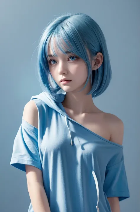 Prompt: A digitally illustrated character with a cool-toned color palette, featuring a young woman with shoulder-length blue hair flowing in the wind. Her expression is calm and introspective, with deep blue eyes. She has a small mark on her right cheek la...