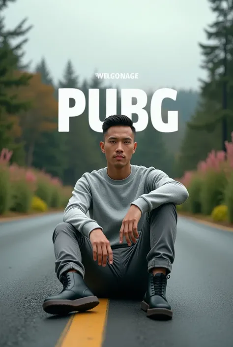 Cool photography style, short-haired man in black climist ,use sweter slim fit abu-abu,use celana kargo abu-abu,black boots,use,That, sits in cool style on the roadside , in a beautiful garden setting with 3D writing. Square style ,white,written : "PUBG". ...