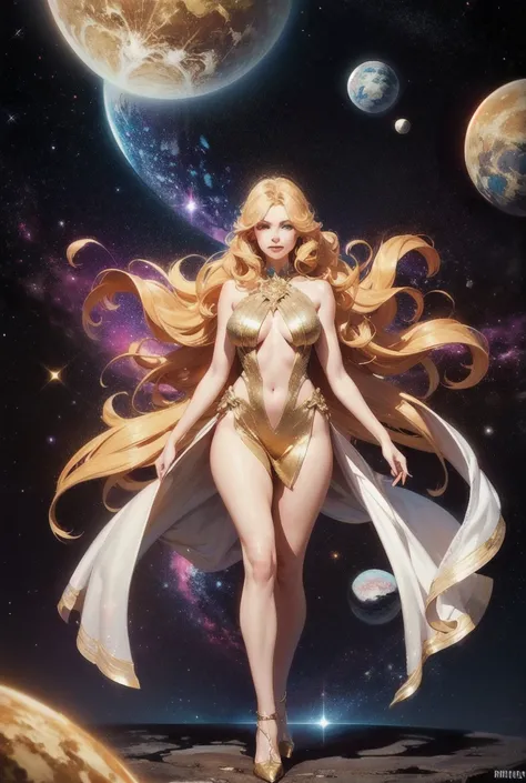 Full body image of a sexy female cosmic deity wearing ONLY stars as clothe, with perfect breasts and perfect legs, provocative, a majestic hair, made of galaxies, stars, and nebulae, intricately detailed with a glowing, ethereal quality. The figure is mass...