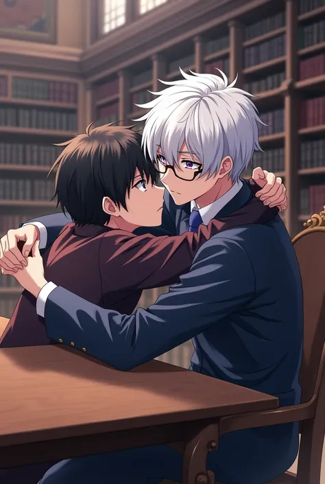 anime male student with hazel eyes and Black hair, pinned down on the table by another male student that has short white silky hair and cold purple eyes, wearing glasses, in a big library